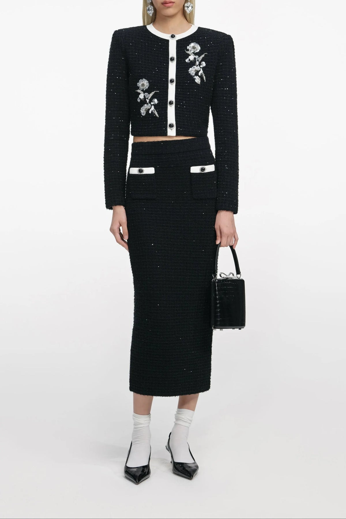 Black Floral Textured Knit Jacket Flowering Girl