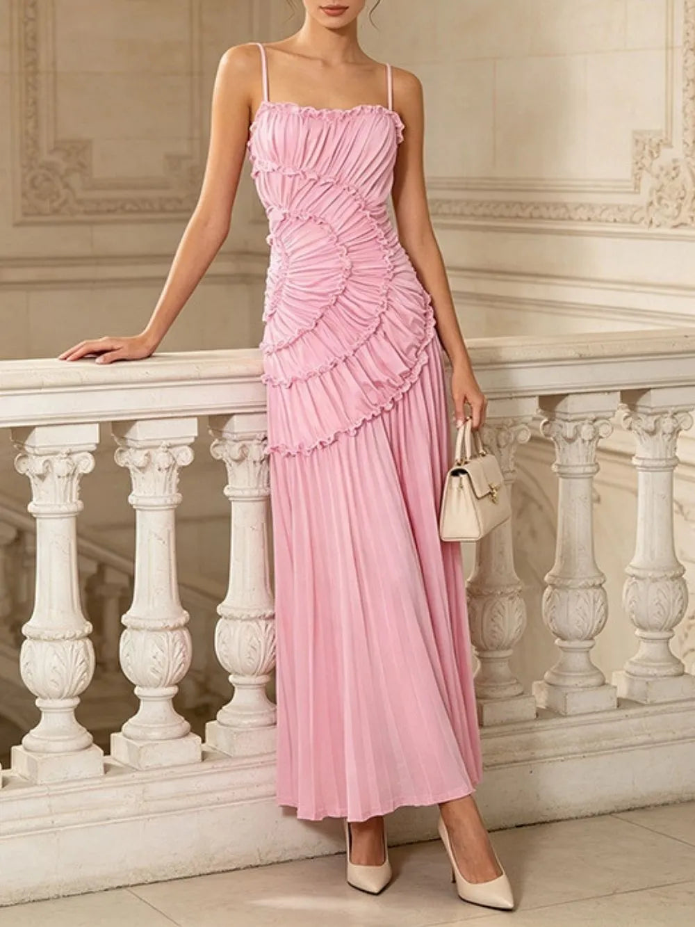 Marjani Pink Spaghetti Ruched Maxi Dress Flowering Girl