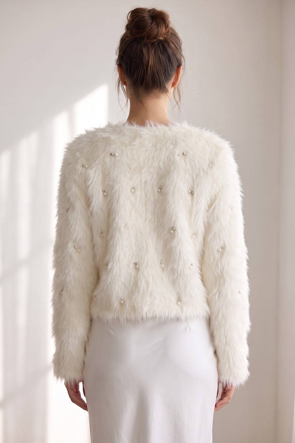 Off-White Faux Fur Shaggy Knit Cardigan With Pearl Embellishments Flowering Girl