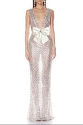 Rebecca Bow Sequin Embellished v Neck Maxi Dress In Silver Flowering Girl