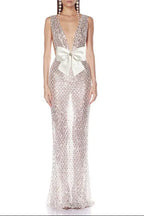 Rebecca Bow Sequin Embellished v Neck Maxi Dress In Silver Flowering Girl