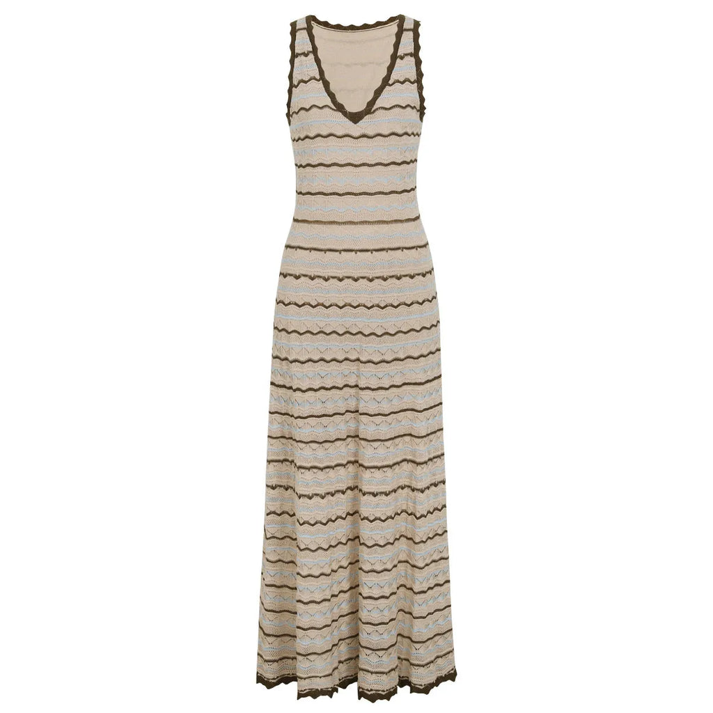 Beige Crochet-Style Knit A-Line Maxi Dress Flowering Girl