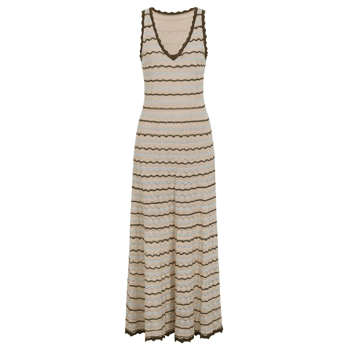 Beige Crochet-Style Knit A-Line Maxi Dress Flowering Girl