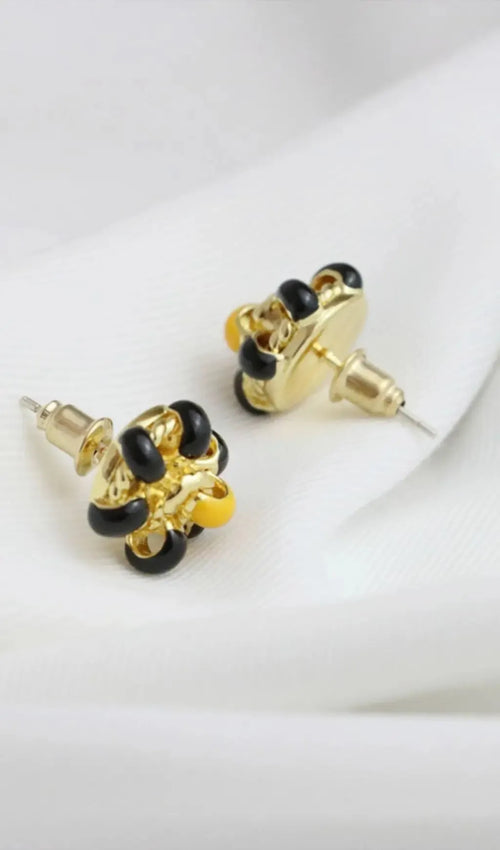 18K Gold Enamel Flower Ear Studs - Black Flowering Girl