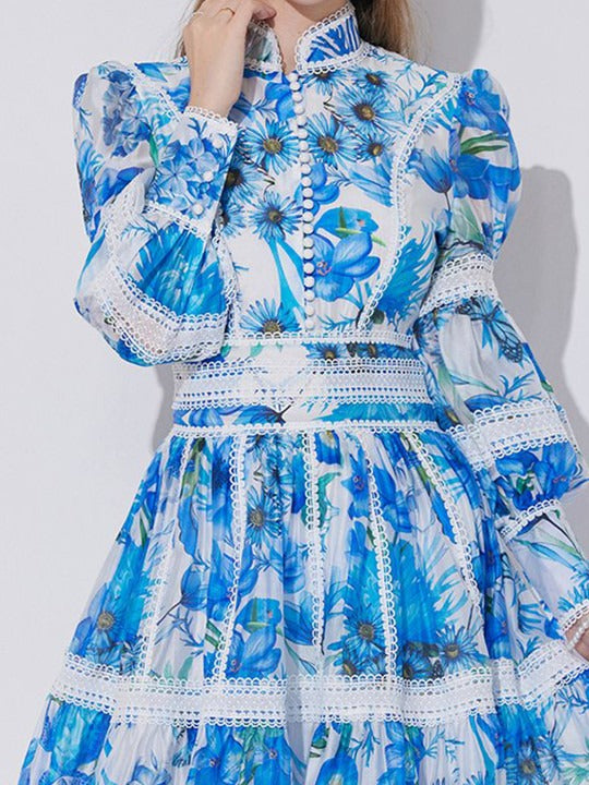 Sabrina Lace-Paneled Printed Lantern Sleeves Mini Dress In Blue Flowering Girl