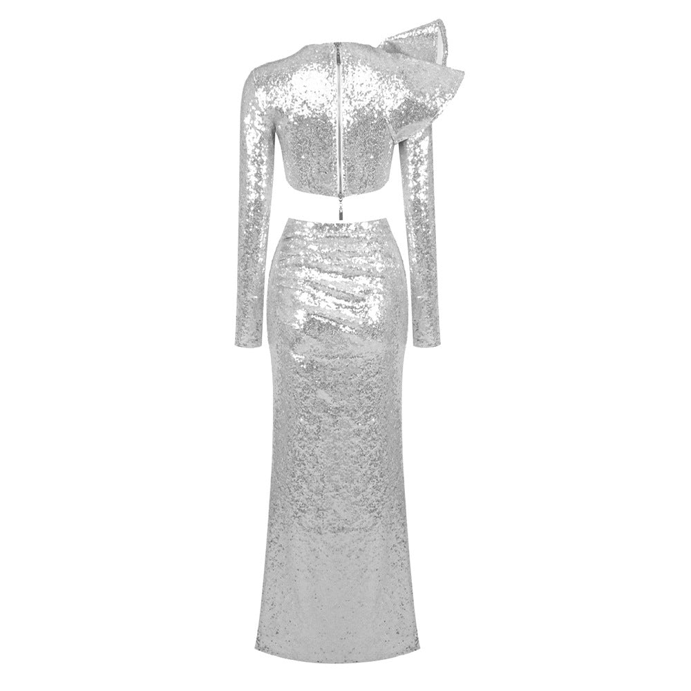 Crop Top Drape Skirt Set In Silver Flowering Girl