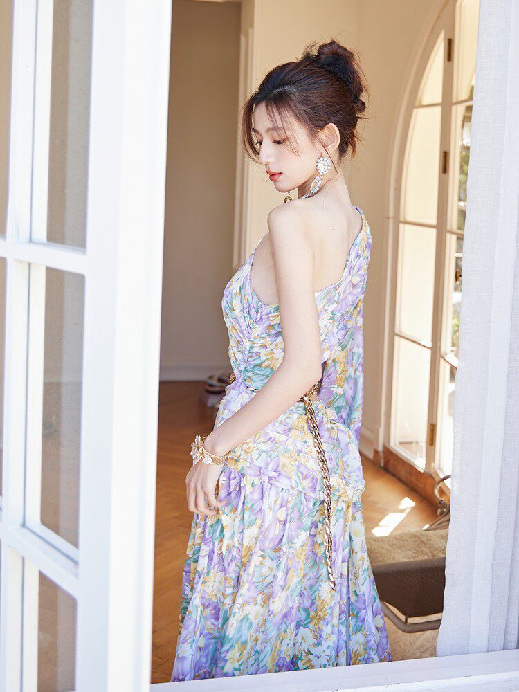 Dolores French-Style Printed Off-Shoulder Single-Sleeve Slit Mini Dress Flowering Girl