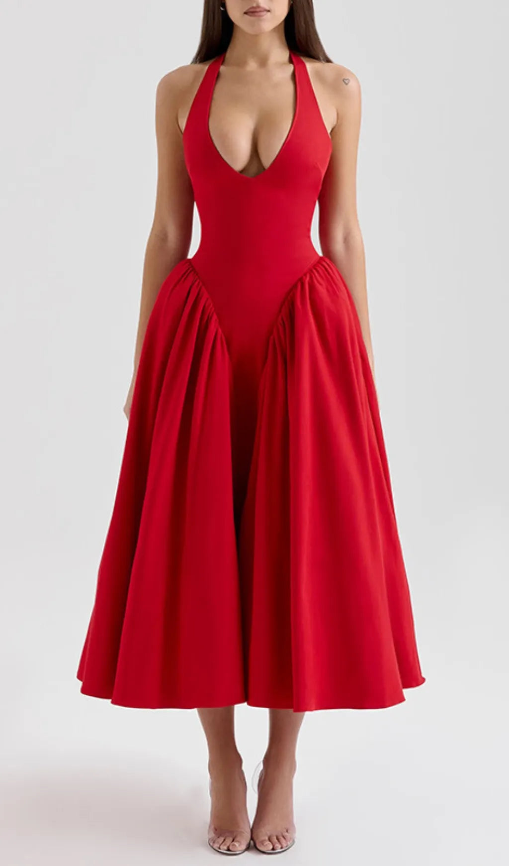 Dierdra Red Halter Midi Dress Flowering Girl