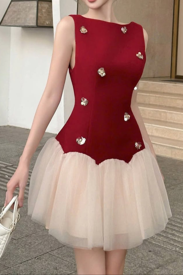 Beryl 3D Flower Patchwork Tulle Mini Dress In Red Flowering Girl