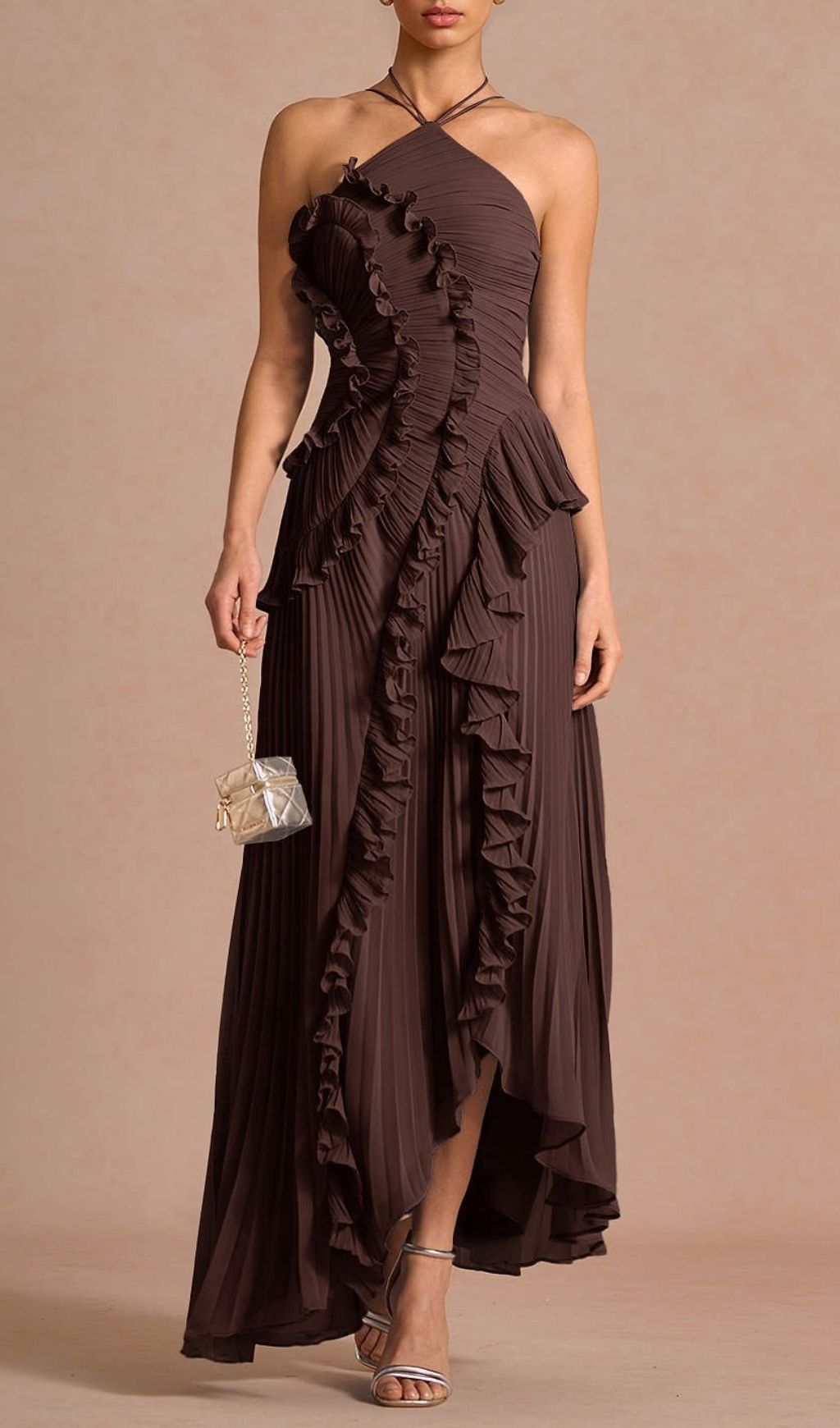 Finneas Brown Halter Pleated Maxi Dress Flowering Girl