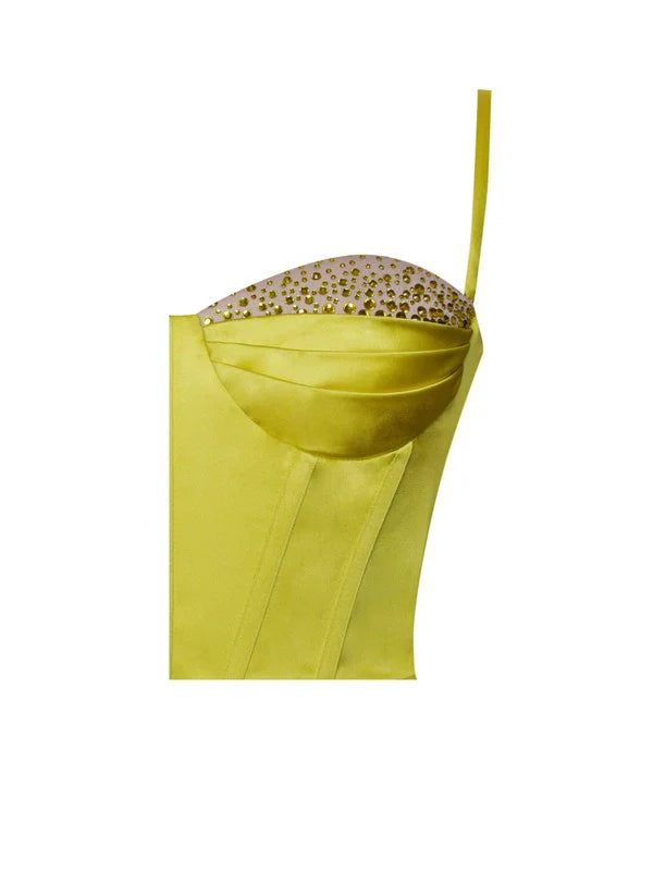 Lemon Yellow Pleated Satin Mini Dress Flowering Girl