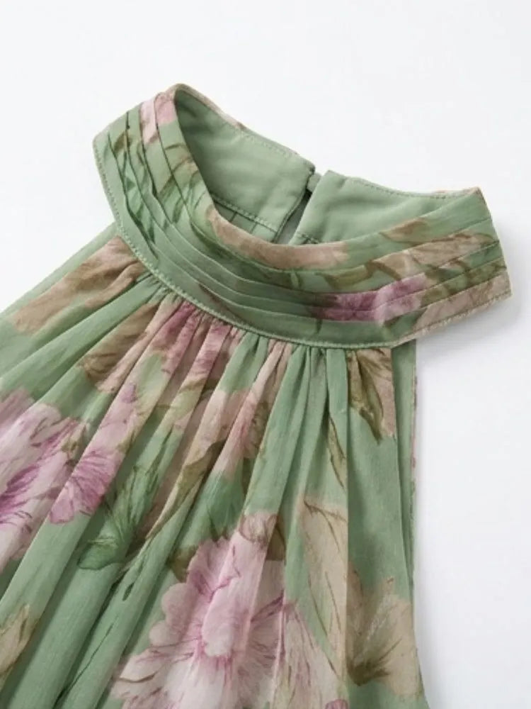 Polly Green Floral Chiffon Halter Maxi Dress Flowering Girl
