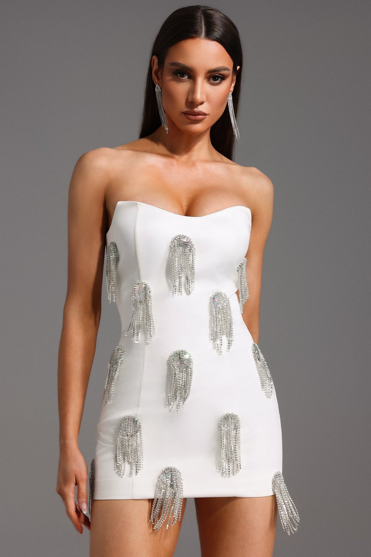 Flor Sleeveless Diamond Tassels Mini Dress in white Flowering Girl