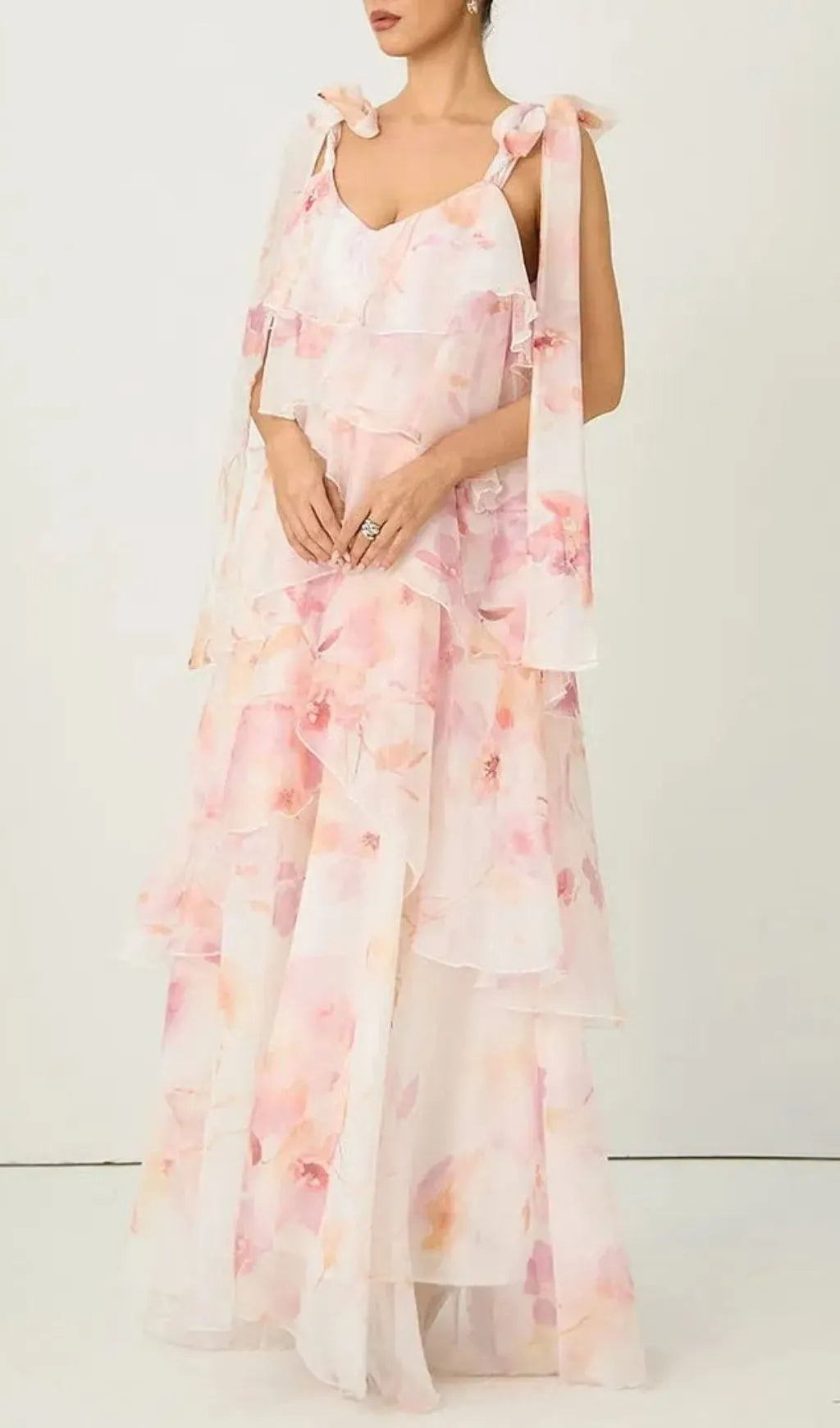 Beverly V-Neck Spaghetti Strap Chiffon Maxi Dress - Pink Flowering Girl
