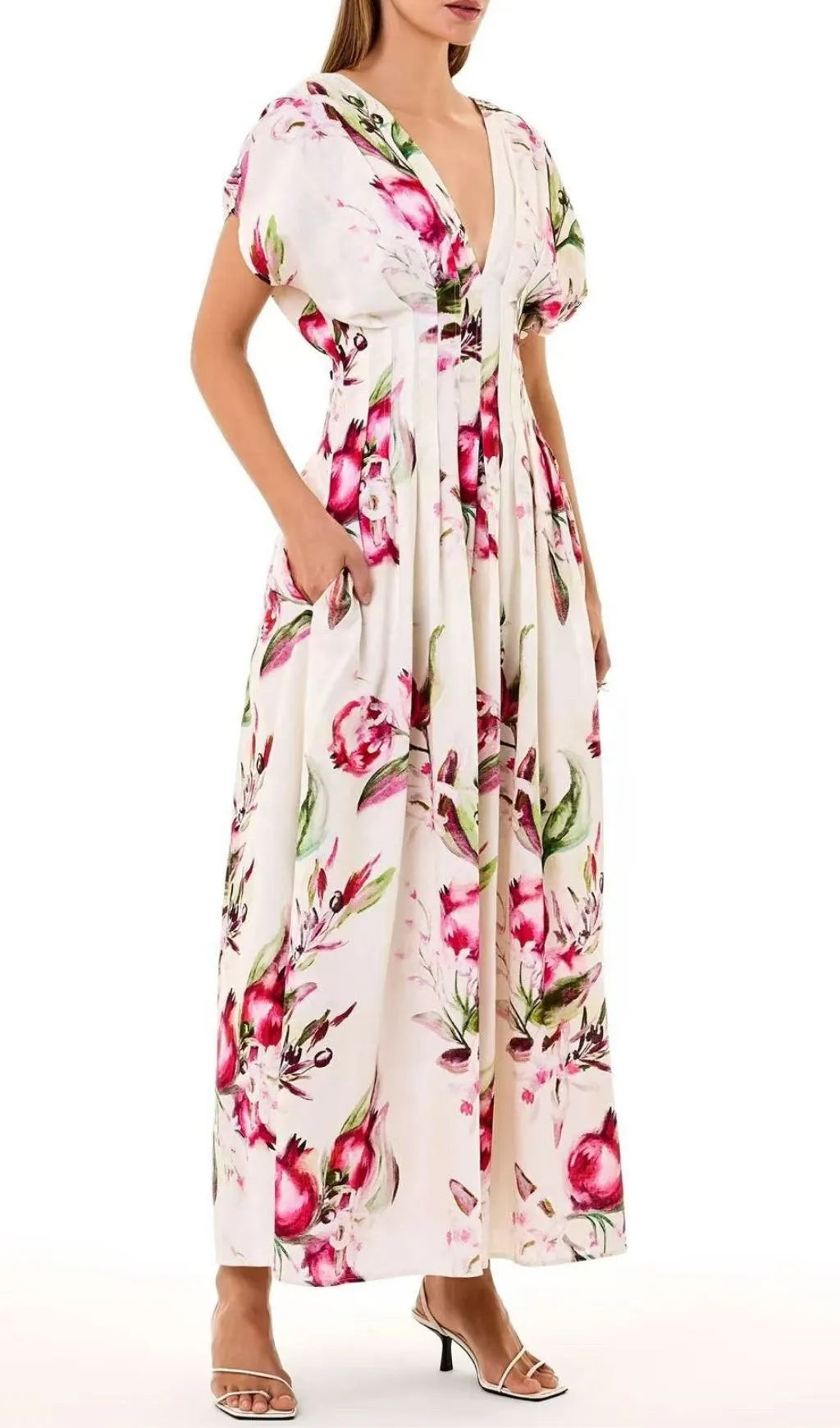 Sonya Pleated Floral Print Maxi Dress in White Flowering Girl
