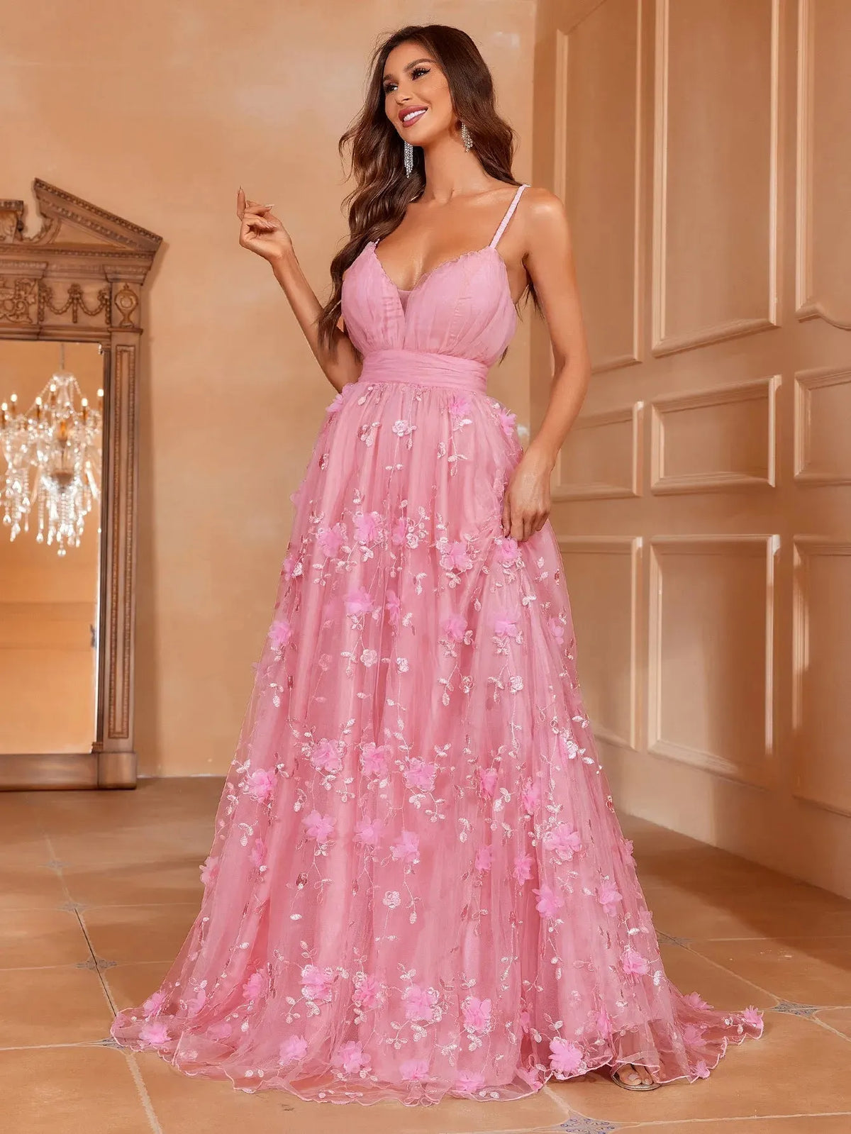 Elegant Plunging Neck Floral Applique Mesh Cami Party Dress Flowering Girl
