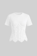 White Spliced Floral Lace Corset Short Sleeve T-shirt Flowering Girl