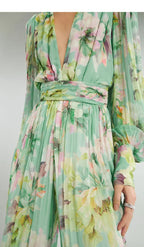V Neck Floral Print Chiffon Maxi Dress In Green Flowering Girl