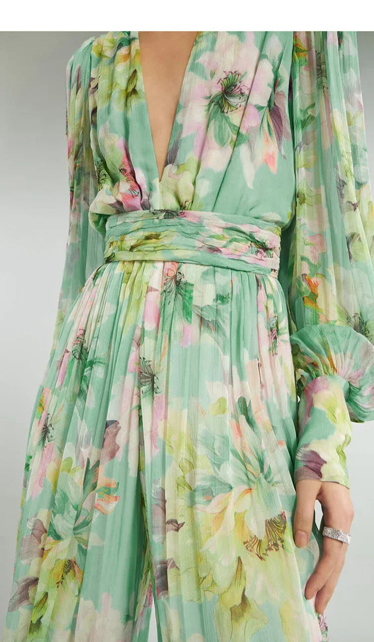 V Neck Floral Print Chiffon Maxi Dress In Green Flowering Girl