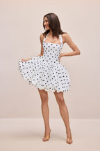 White Black Polka Dot Halter Square Neck Bubble Mini Dress Flowering Girl