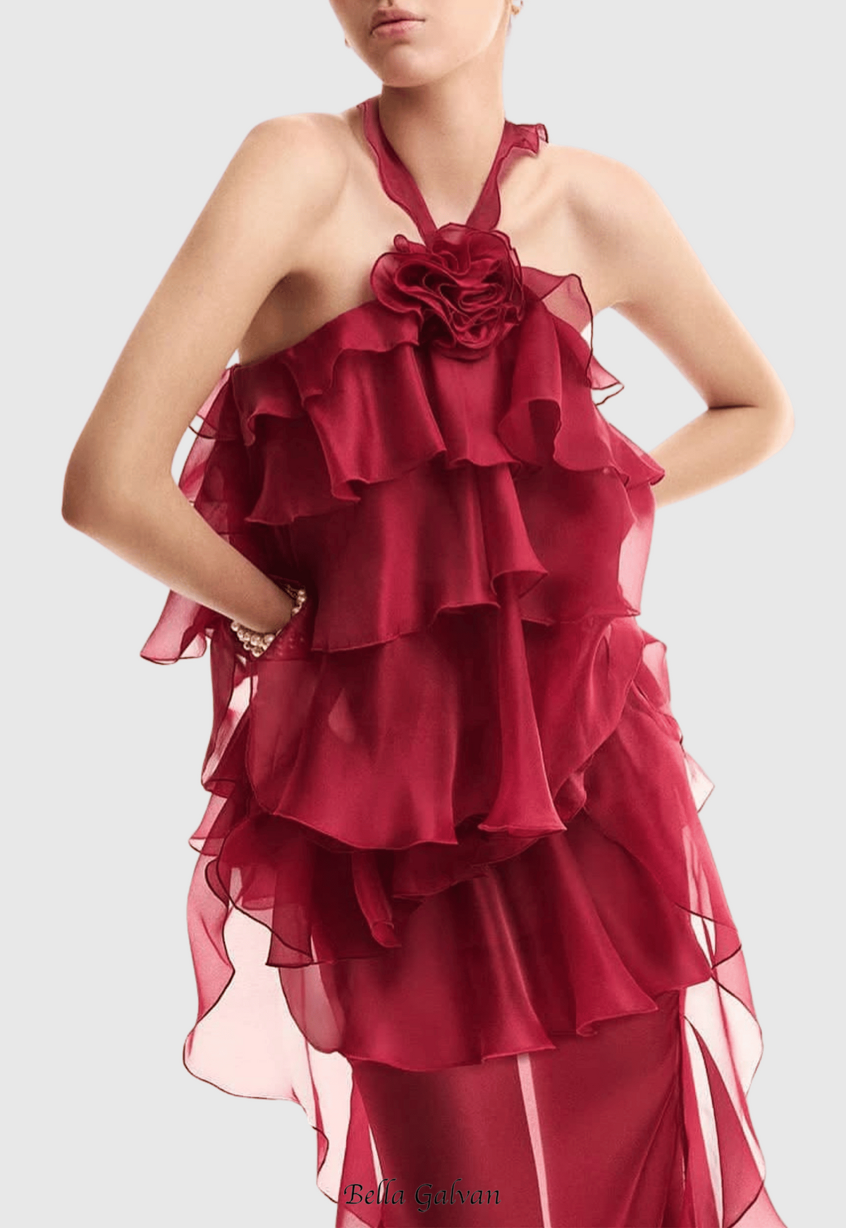 eunice Floral Halter Chiffon Ruffle Midi Dress in red Flowering Girl