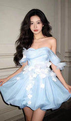Krissa Blue Off-Shoulder Flower Mini Dress Flowering Girl