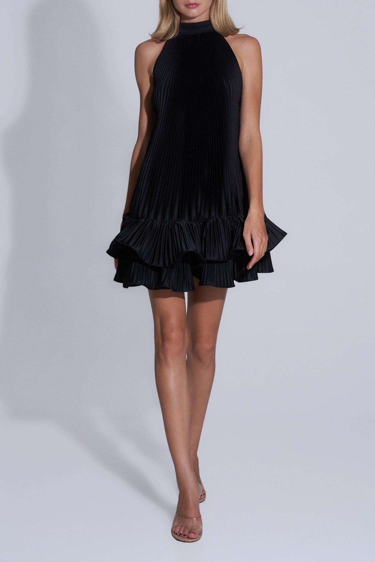 tina Double-layer ruffled halter neck mini dress in black Flowering Girl