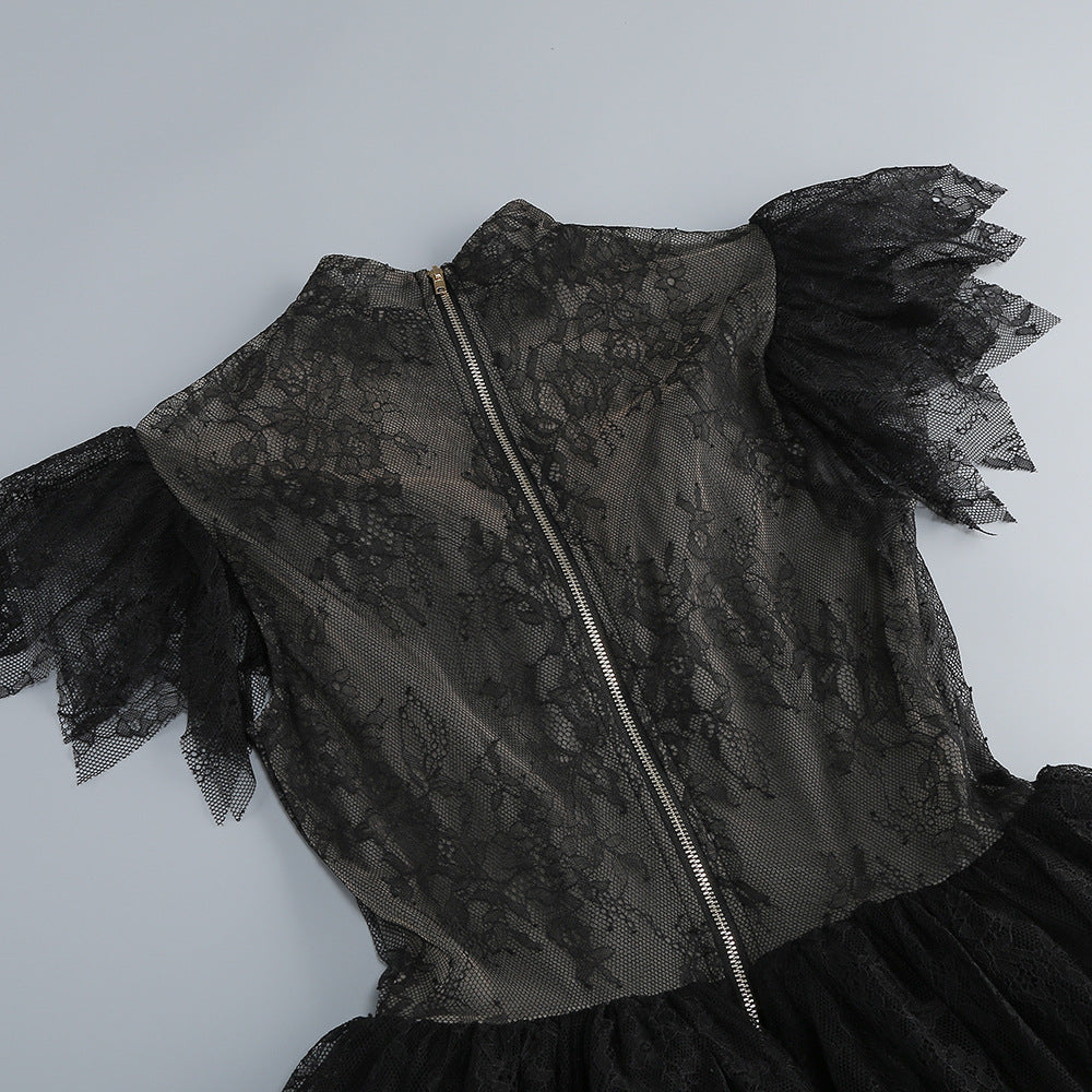 Black Floral Lace Fit-And-Flare Dress Flowering Girl