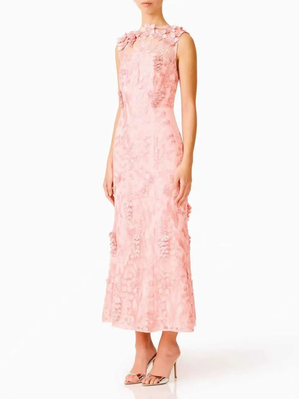 Melaney Pink Sleeveless Flower Embroidery Midi Dress Flowering Girl