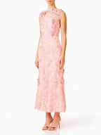 Melaney Pink Sleeveless Flower Embroidery Midi Dress Flowering Girl