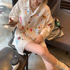 White Embroidery Cotton Linen Long Sleeve Shirt Flowering Girl