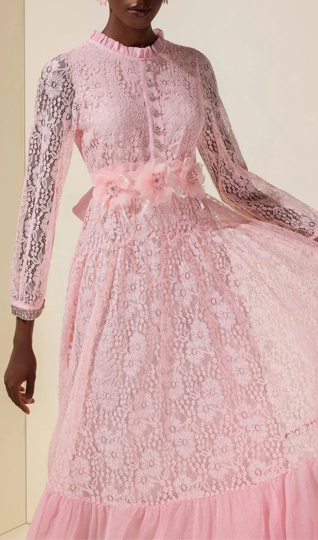 Virginia Lace 3D Flower Rhinestone Rivets Midi Dress - Pink Flowering Girl