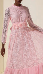 Virginia Lace 3D Flower Rhinestone Rivets Midi Dress - Pink Flowering Girl