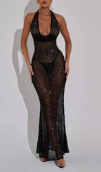 Brennen Black Halter Sequin Backless Maxi Dress Flowering Girl