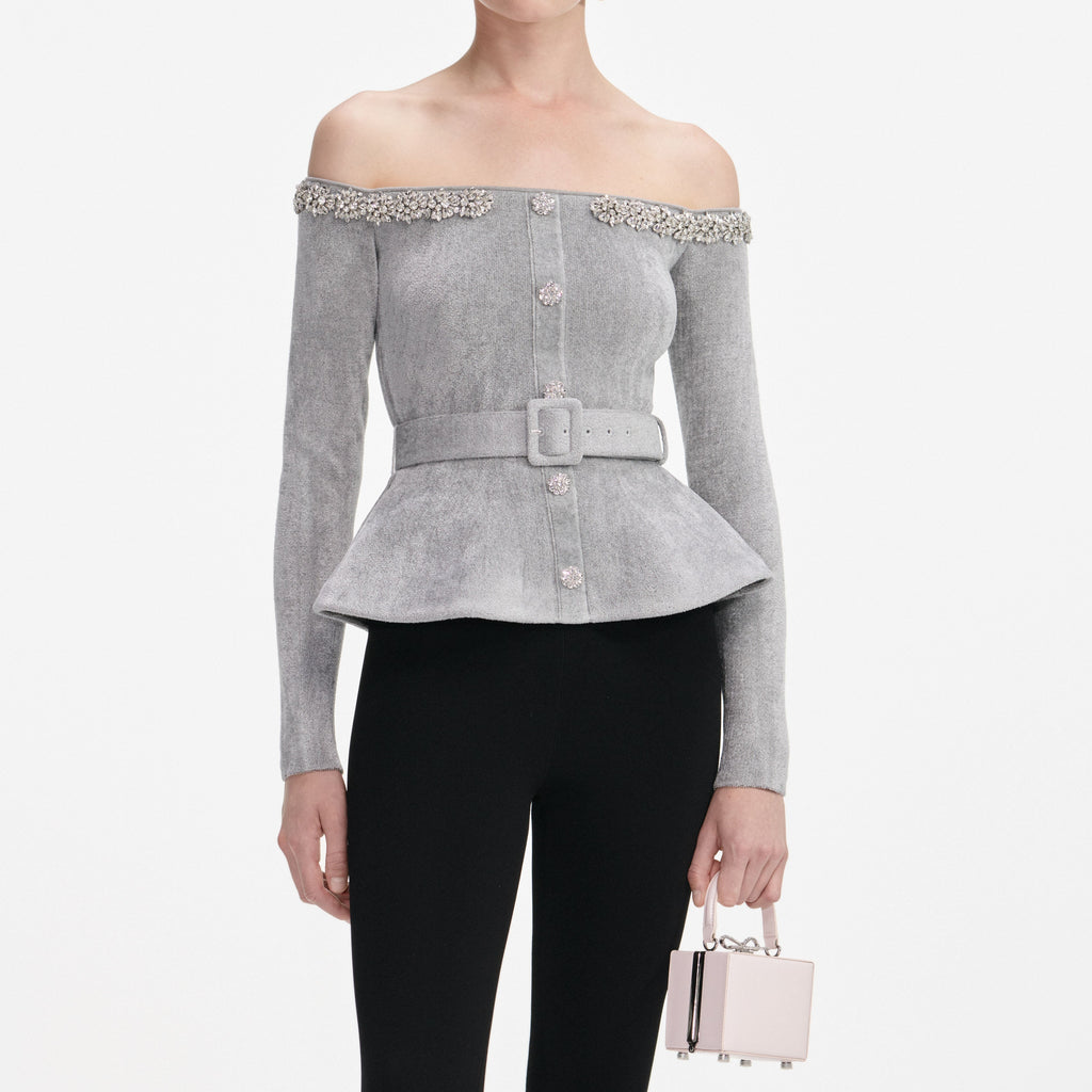 Molly Grey Chenille Knit Crystal Trim Top Flowering Girl