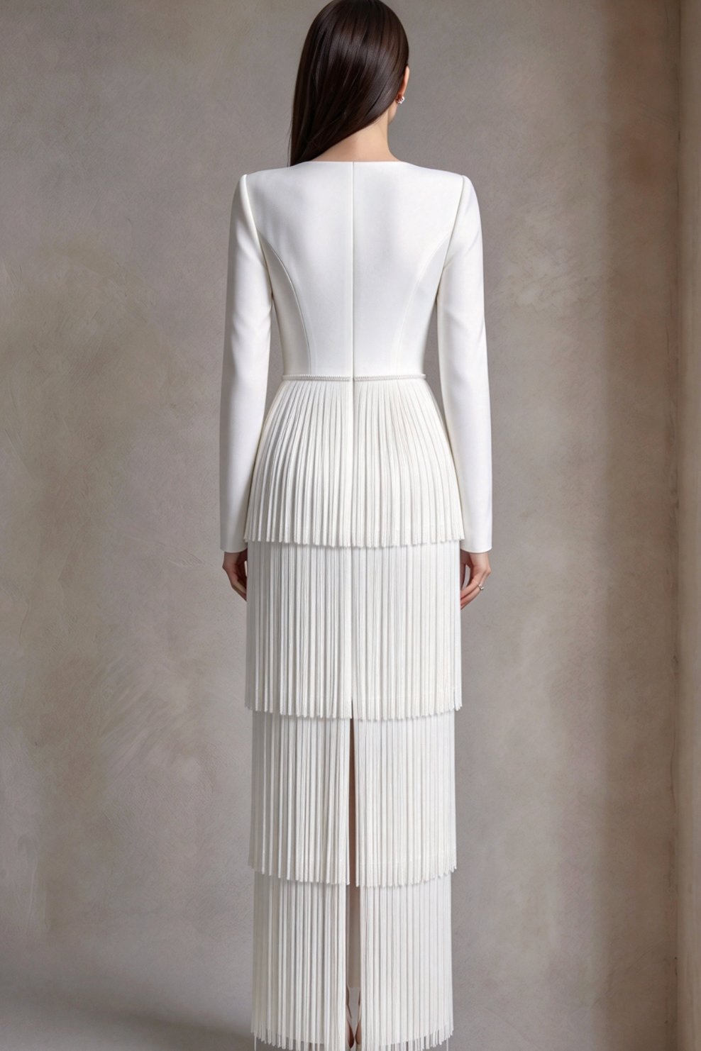 White Structured Crepe Column Gown with Tiered Fringe Flowering Girl