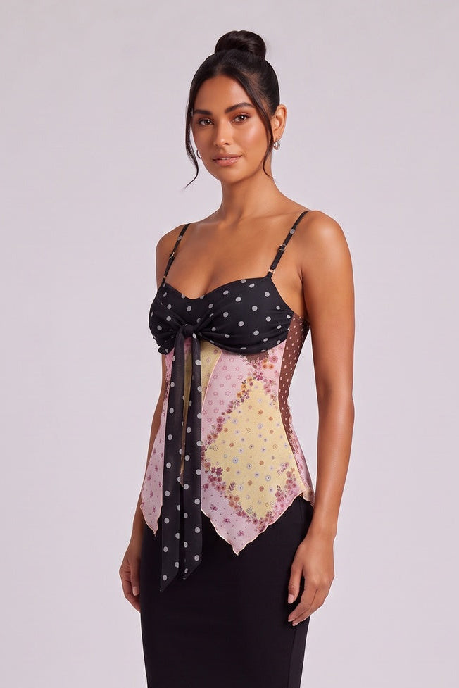 Black Sheer Chiffon Fitted Bodice with Asymmetrical Handkerchief Hem Camisole Top Flowering Girl