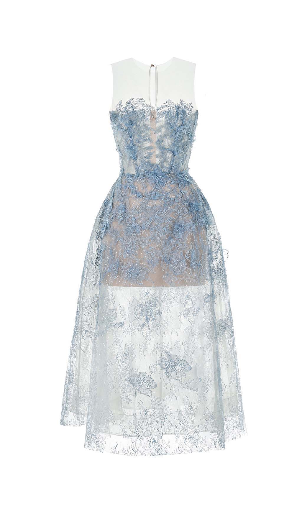 Allyson Blue Floral Lace Embroider Midi Dress Flowering Girl