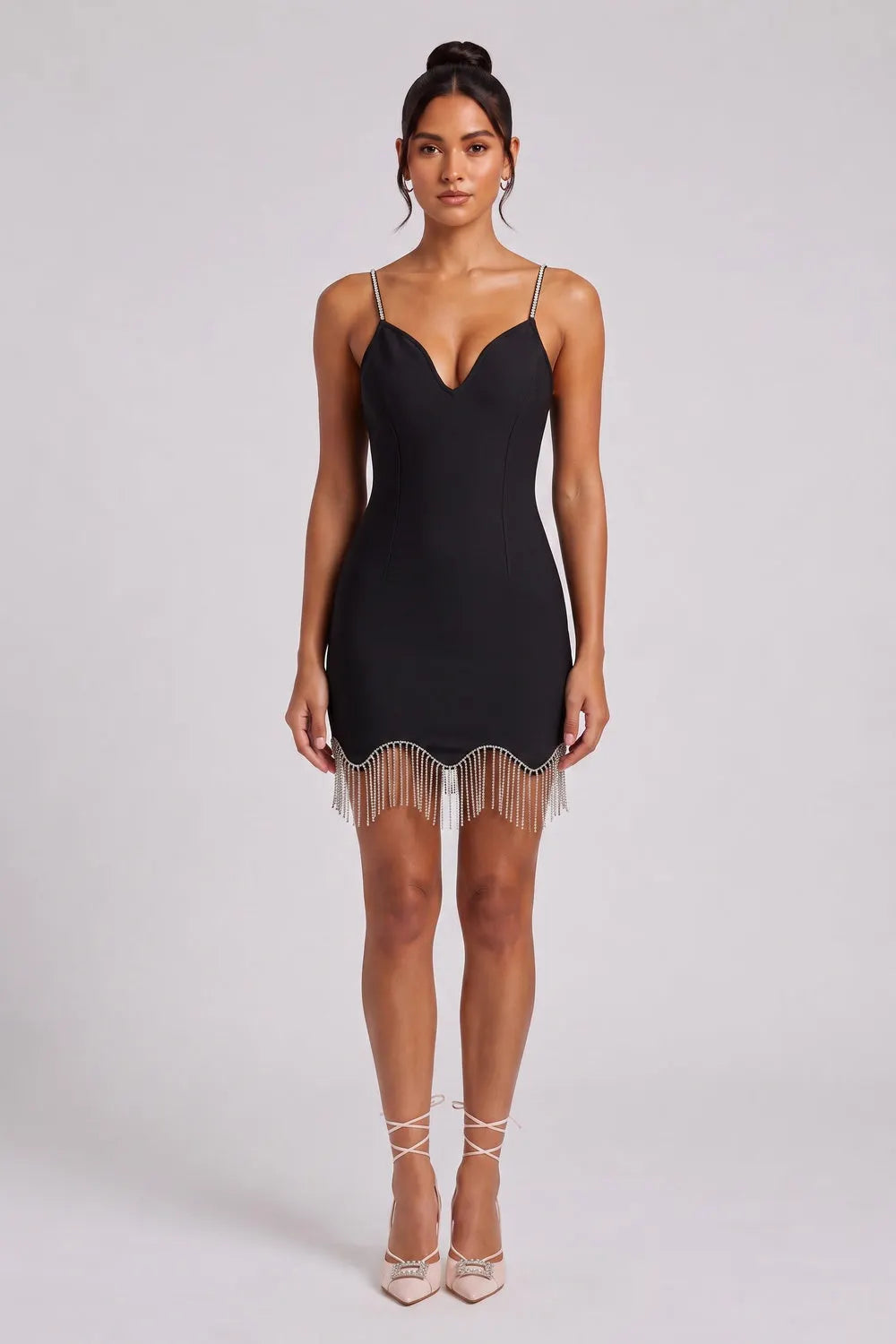 Black Structured Stretch Woven Bodycon Mini Dress with Rhinestone Fringe Flowering Girl