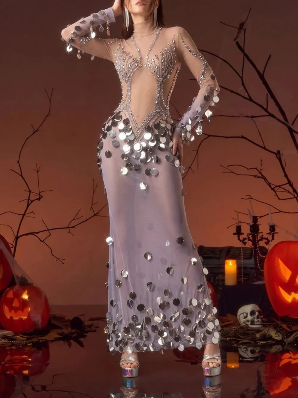 Meskai Rhinestone Sequin Maxi Dress Flowering Girl