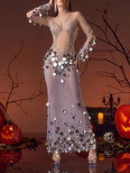 Meskai Rhinestone Sequin Maxi Dress Flowering Girl
