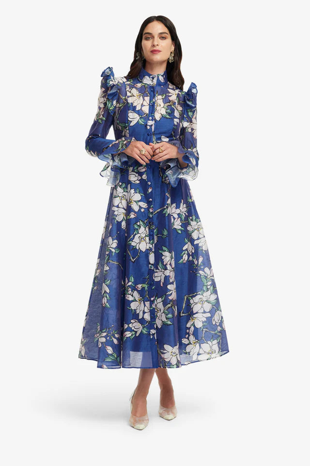 Floral Print Butterfly Sleeve Maxi Dress - Midnight Blue Flowering Girl