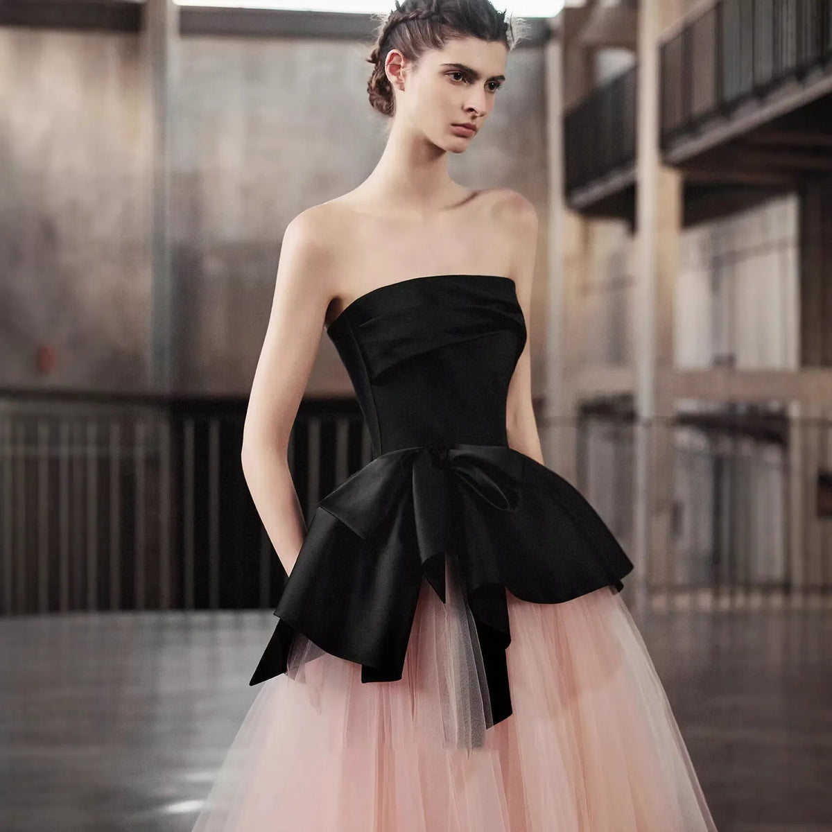 Strapless Satin Big Bow Contrast Pink Tulle Ball Gown Flowering Girl