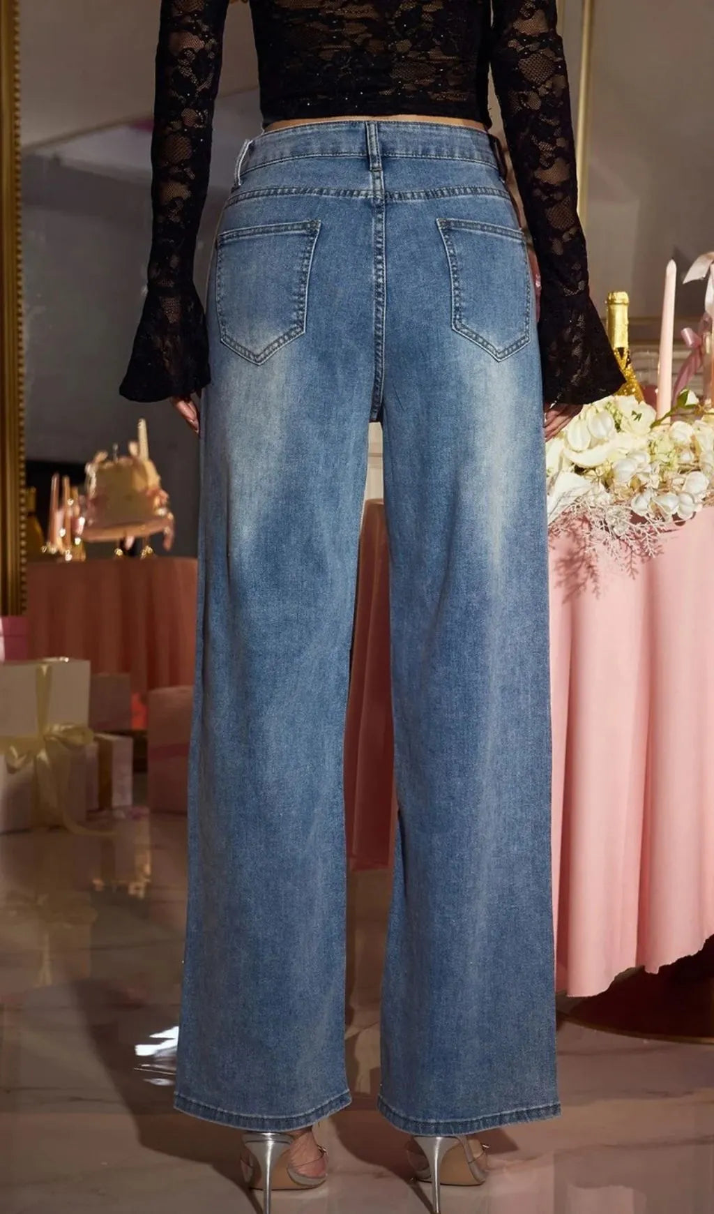 Gorvila Rhinestone Floral Cutout Jeans Flowering Girl