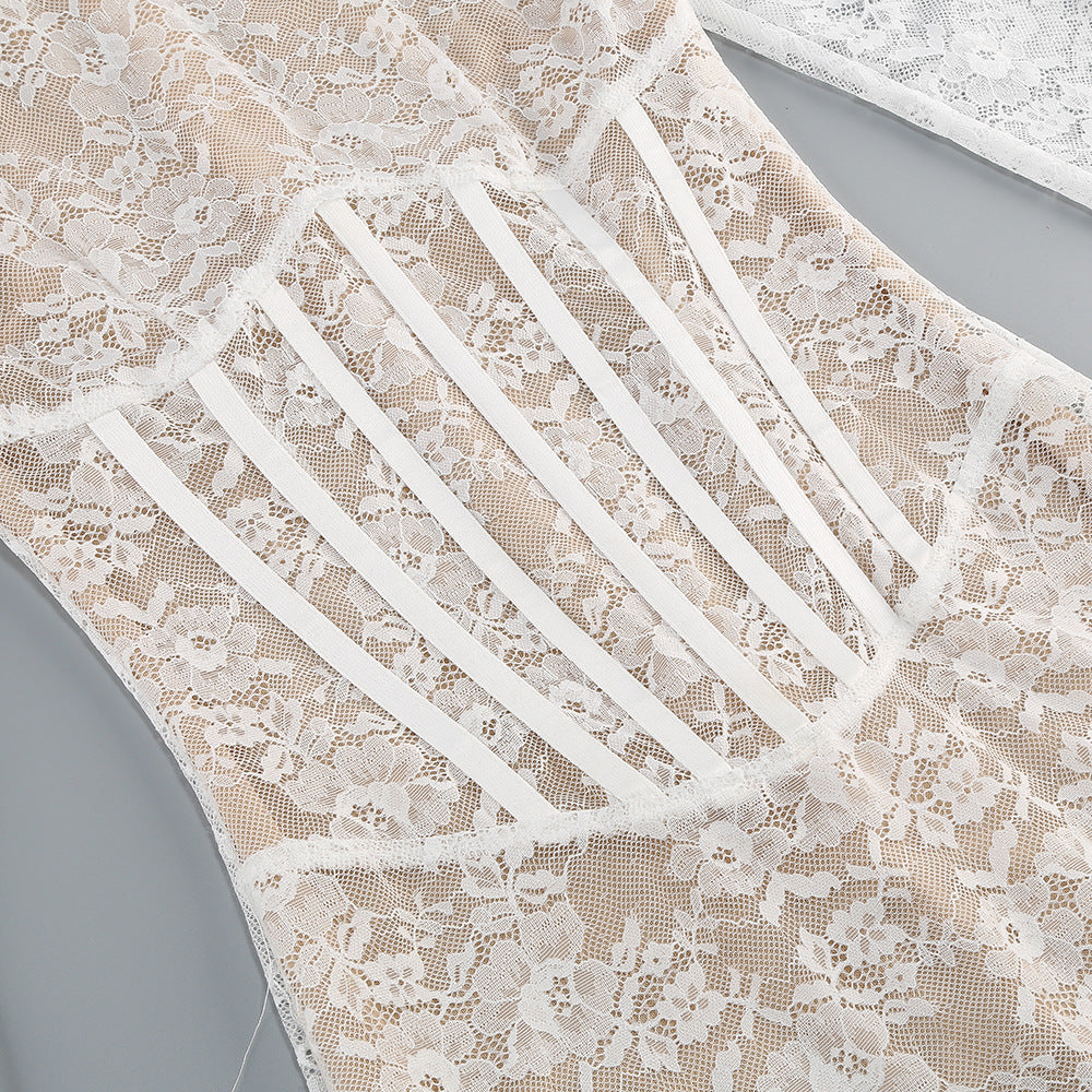 Lace Jacquard Fishbone Bodycon Mini Dress In White Flowering Girl