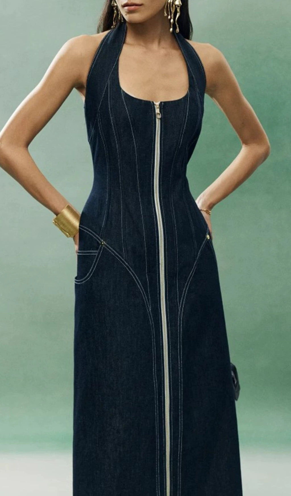Everlee Halter Denim Midi Dress Flowering Girl