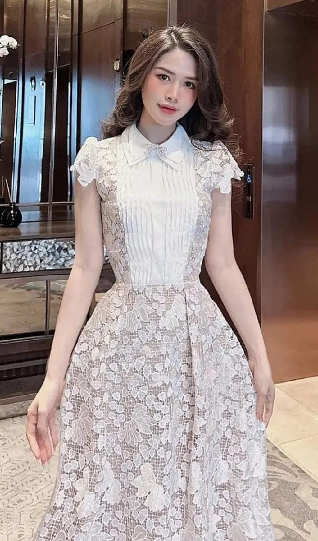 Leila White 3D Flower Embroidery Bow Lace Midi Dress Flowering Girl