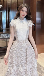 Leila White 3D Flower Embroidery Bow Lace Midi Dress Flowering Girl
