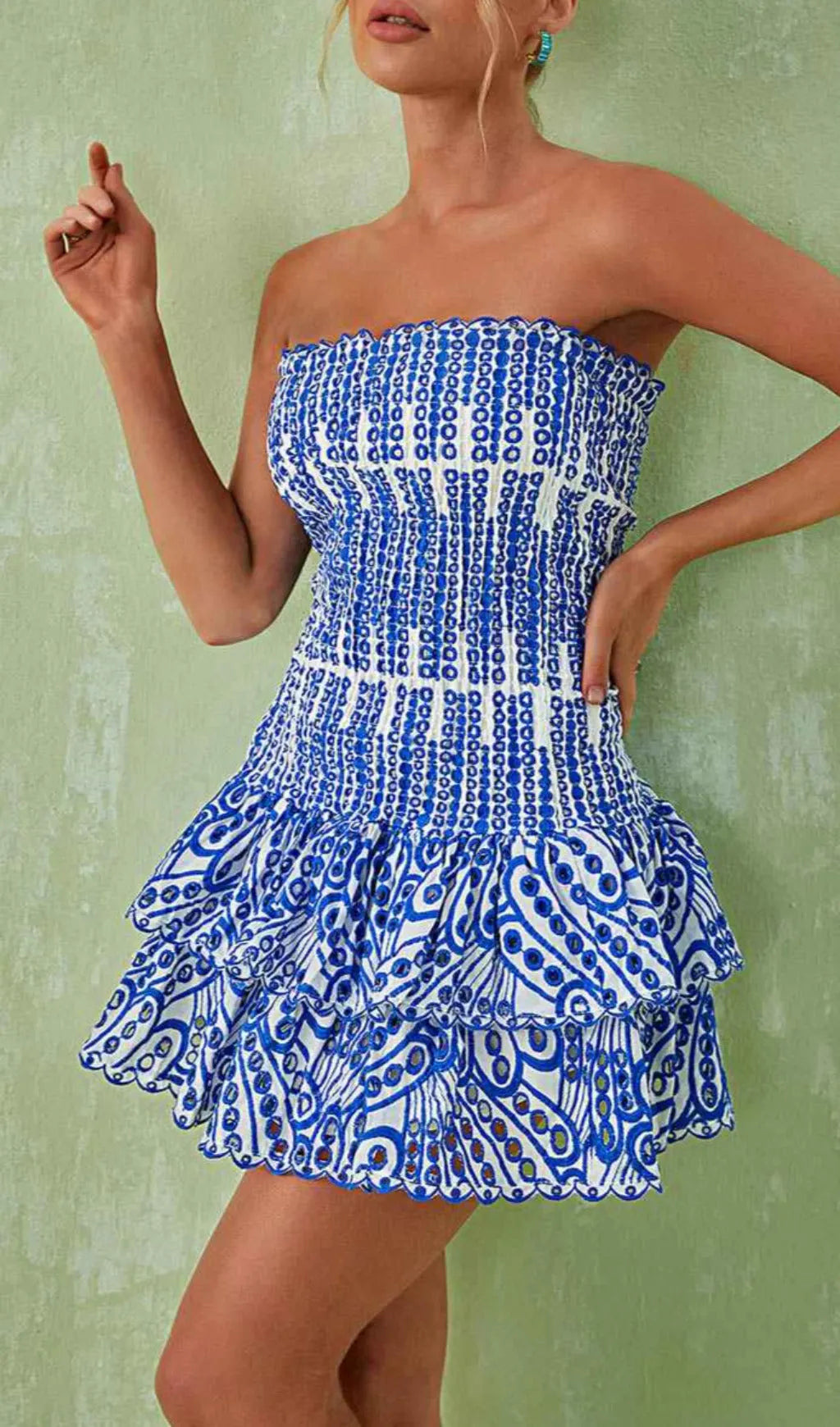 Strapless Ruffle Mini Dress In Blue Flowering Girl