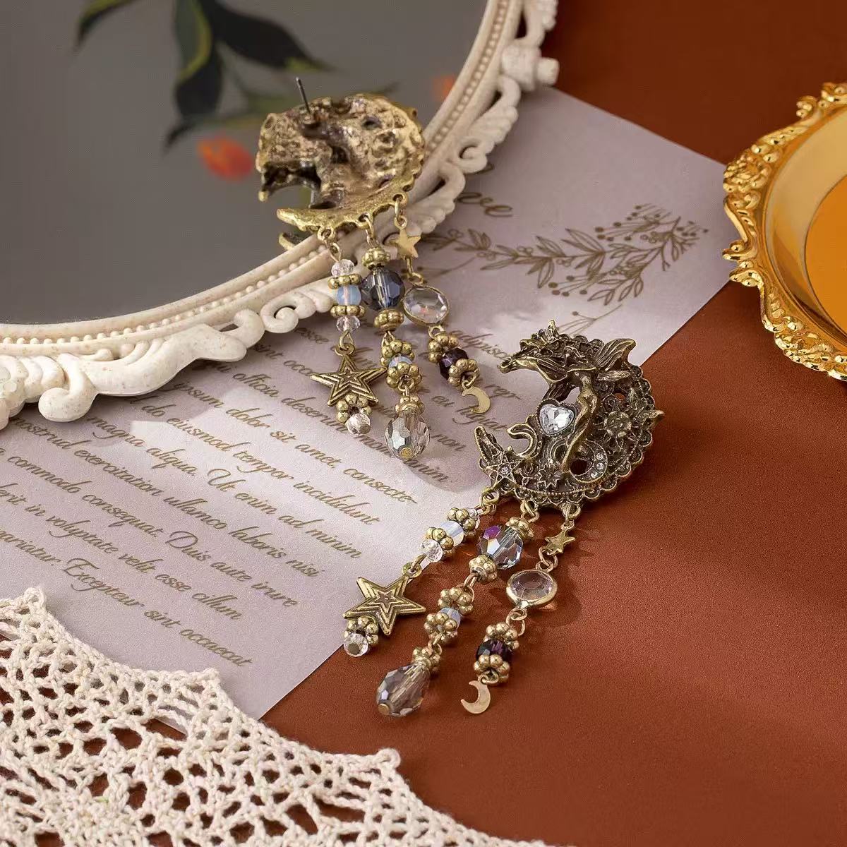 Vintage Fairy Moon Star Tassel Drop Earrings Flowering Girl